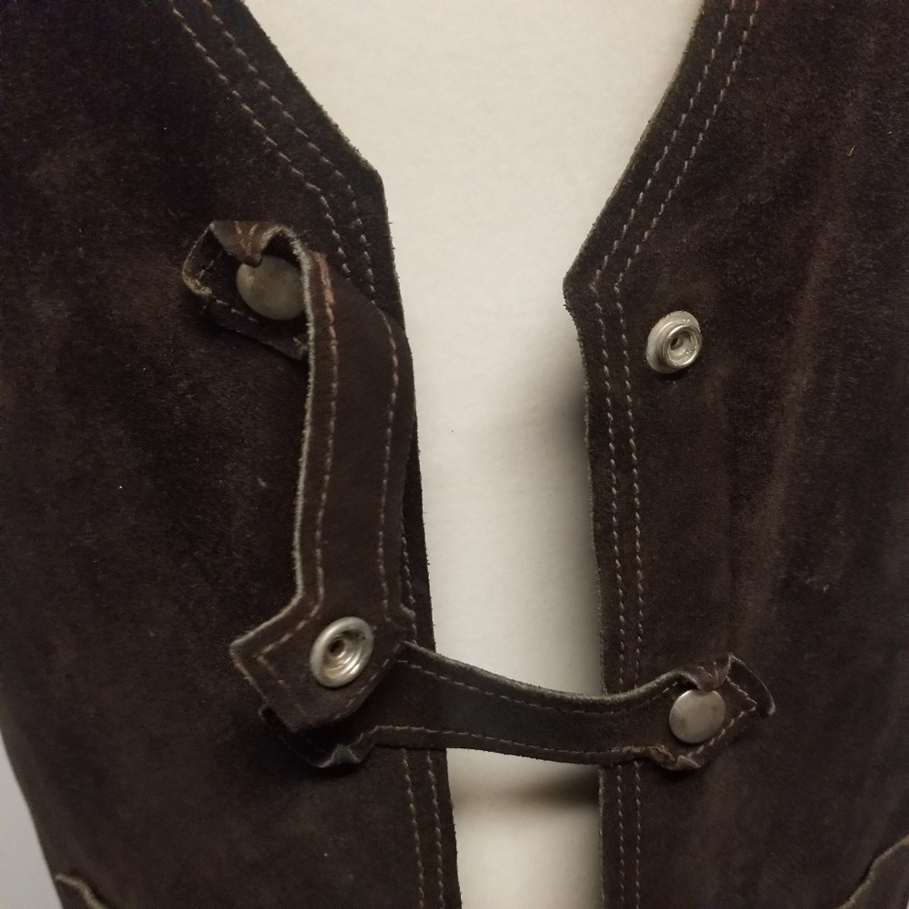 Vintage 70s Handmade Western Boho‎ Cowgirl Brown Suede Leather Snap Vest Md - Picture 5 of 10